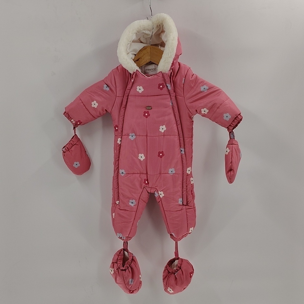 Mayoral infant size 2 to 4 months pink floral with hood easy in and off